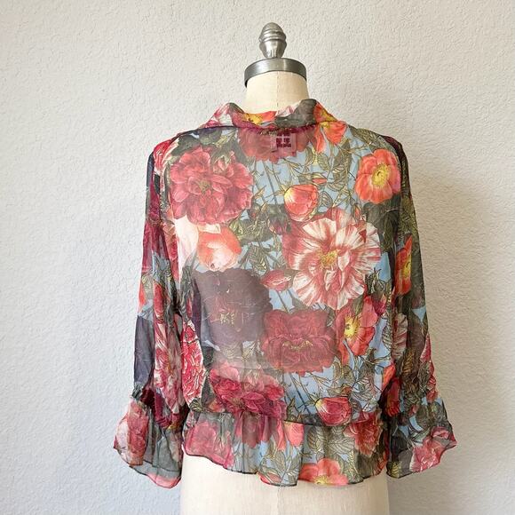 HAUTE HIPPIE Top Blouse Red Floral Silk Chiffon Sheer Puff Sleeve Boho - Picture 2 of 10